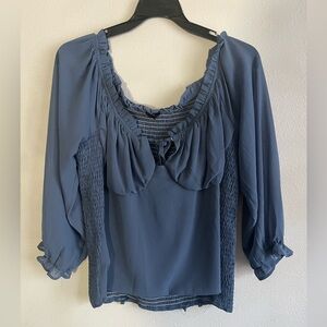 Zenobia Blue Ruched Ruffled 3/4 Sleeve Blouse